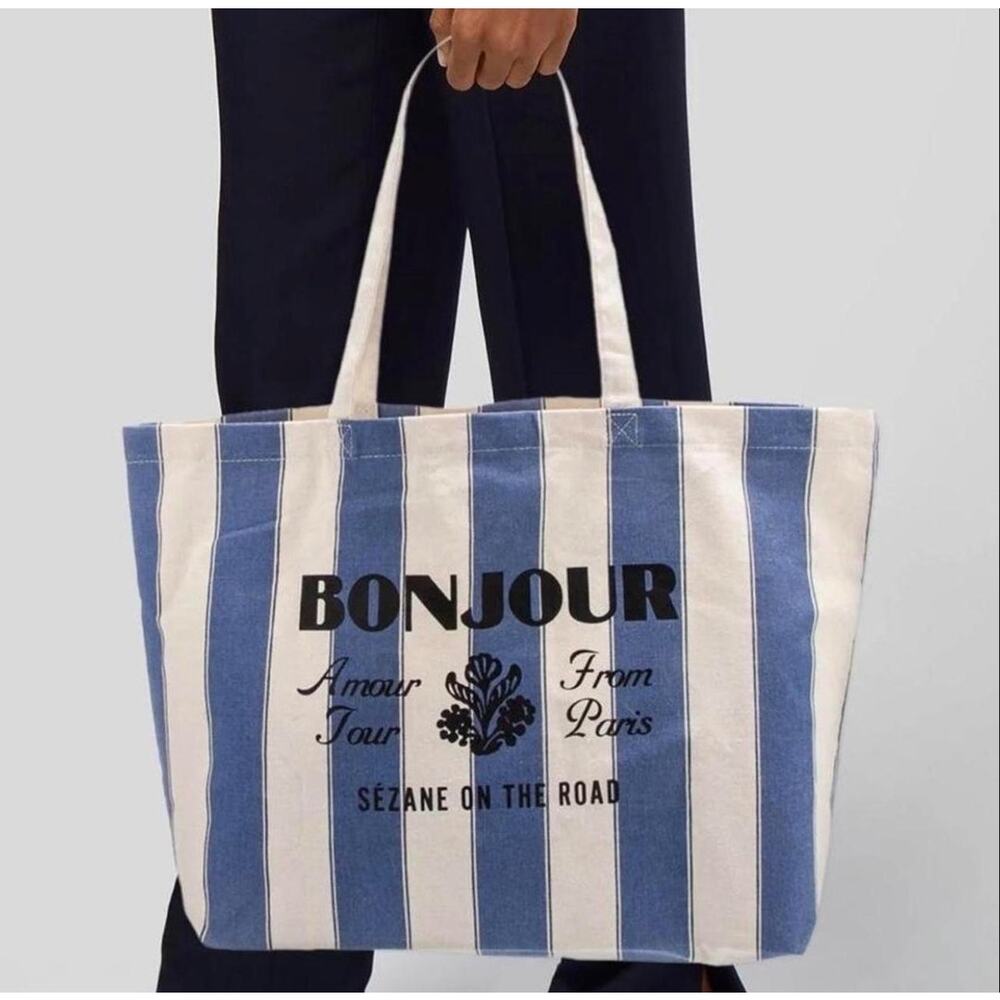Sézane Bonjour Amour Dark Blue Striped Cotton Canvas Tote Bag Minimalist Chic